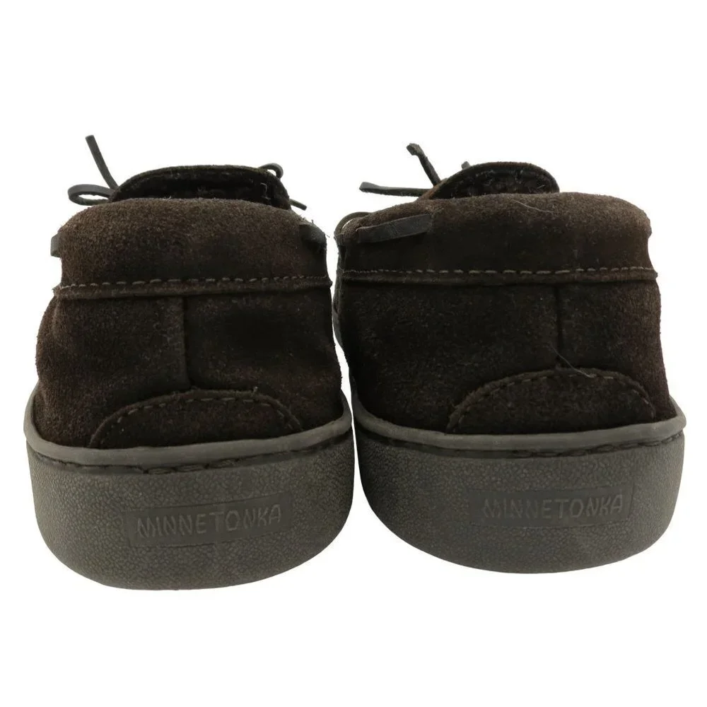 MINNETONKA Men's Dark Brown Suede Pile Lined Hardsole Moccasin Slippers 10